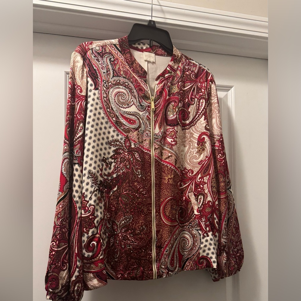 Chico's Vibrant Red and Cream Paisley Bomber Jacket